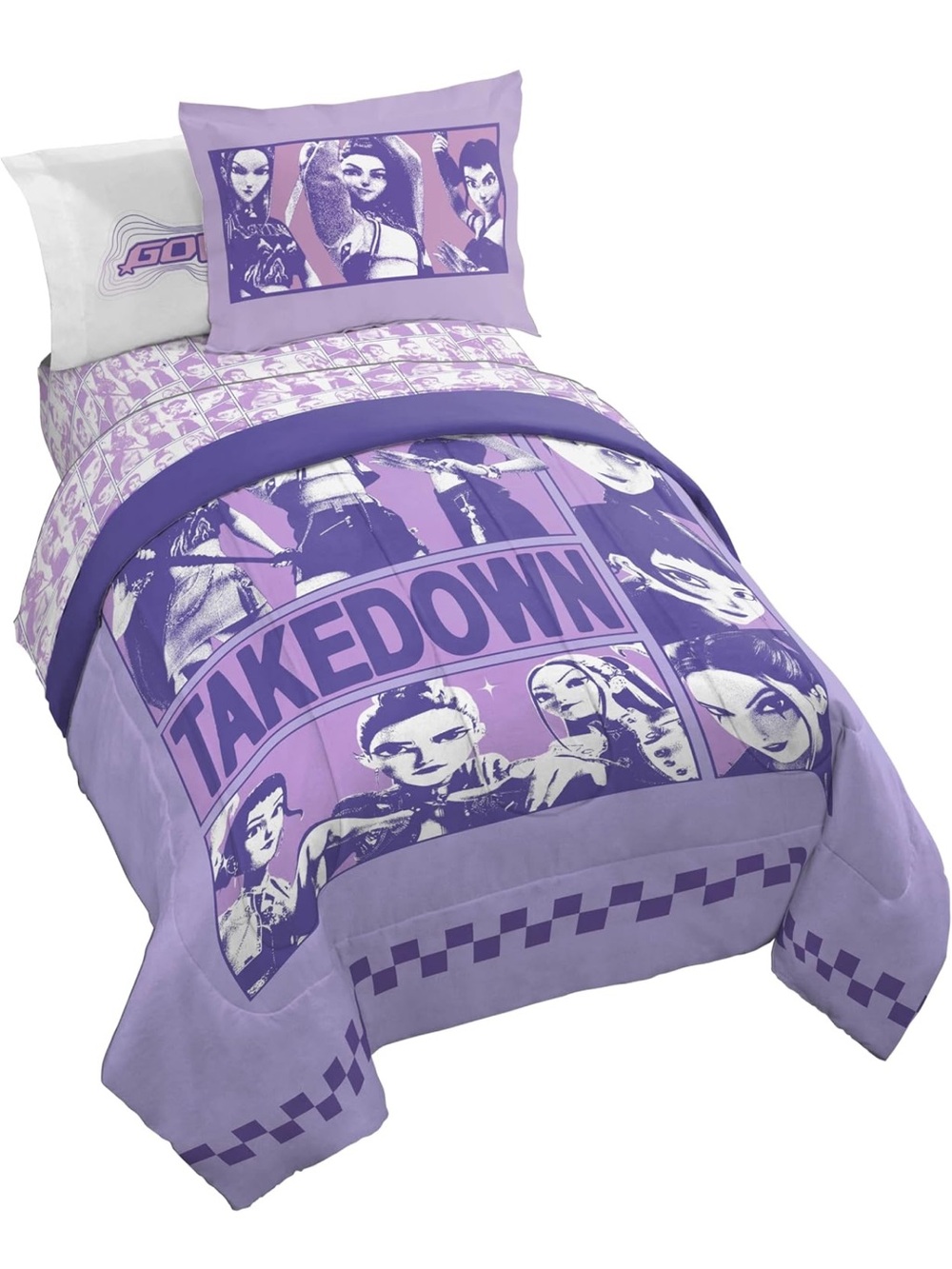 KPOP Demon Hunters Queen Comforter Set 7 Piece Kids Cartoon Bedding, Purple NWOT